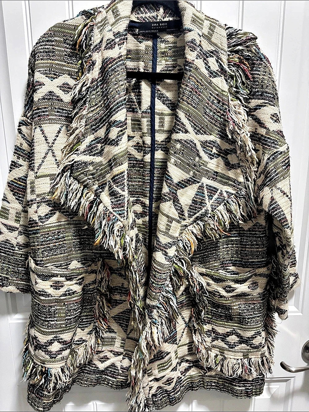 Zara Basic L Southwestern Fringe Open Front Woven Jacket Cardigan
